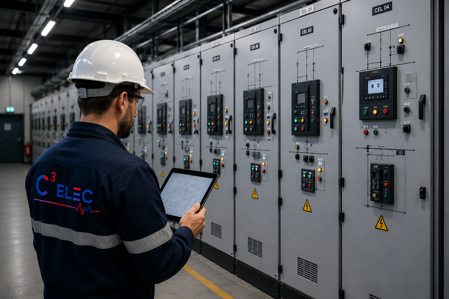 Intervenant C3 Elec devant des cellules électriques haute tension